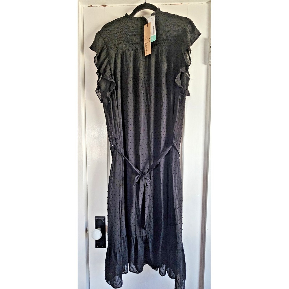 NWT Las‎ Serein WOMANS L black Moira Flutter sleeve dress Swiss dot smocked